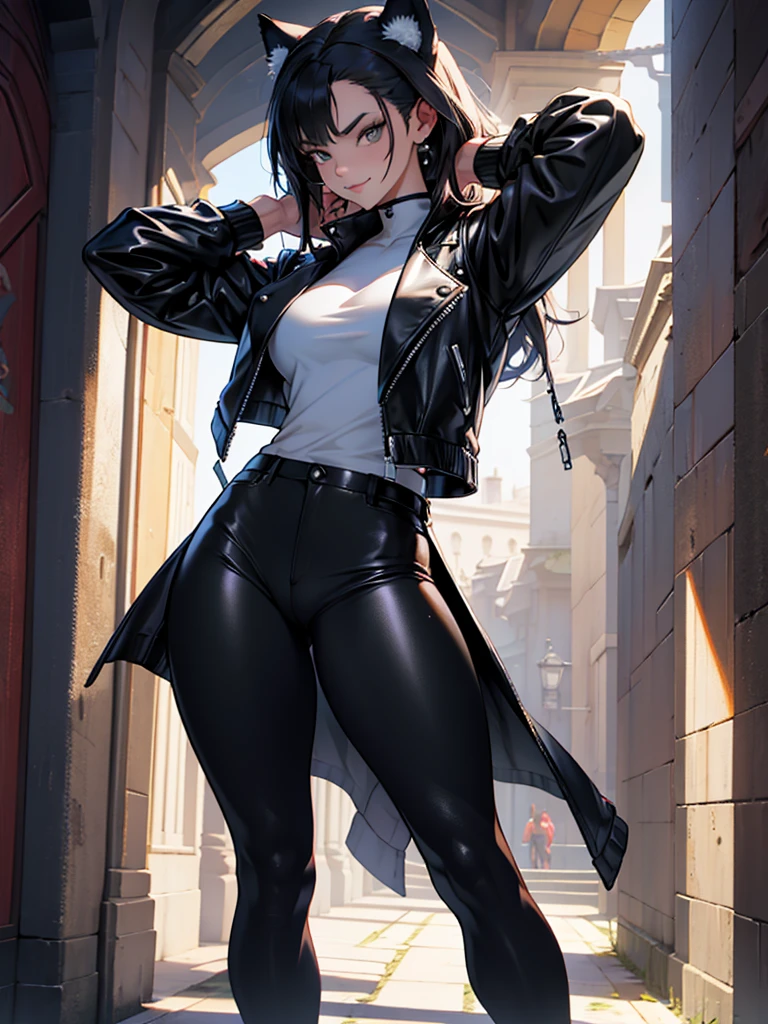 beautiful young female warrior fighter with cat ears on her head, com rosto bem detalhado e bonito, belos olhos, belos olhos, rosto lindo, beautiful young woman wearing long black leggings with black details, mini saia curta, usando jaqueta de couro preta, standing in a castle, usando bota preta, cabelo comprido com franja preto, ,orelhas de gato, belo sorriso, tomboy, um pouco musculosa,suter branco com cinta em volta, olhar serio,usando jaqueta de couro preto, com ombreiras de prata nos ombros, leather jacket