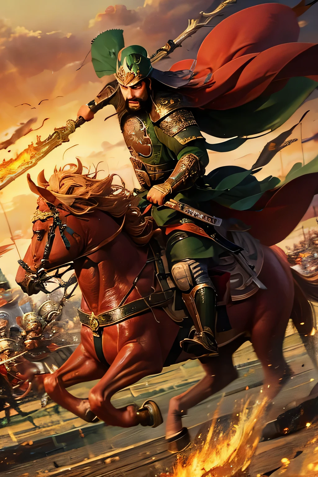 On an ancient battlefield, with fires raging and warhorses galloping, a towering and mighty general wielding a Green Dragon Crescent Blade, leading his troops with ferocity. Clad in tiger fur, his gaze determined, he appears as a war god among men. Soldiers on the battlefield clear a path for him, their expressions a mix of awe and reverence. This scene showcases Guan Yu's heroic demeanor and martial prowess, setting the stage for his legendary tales to come.