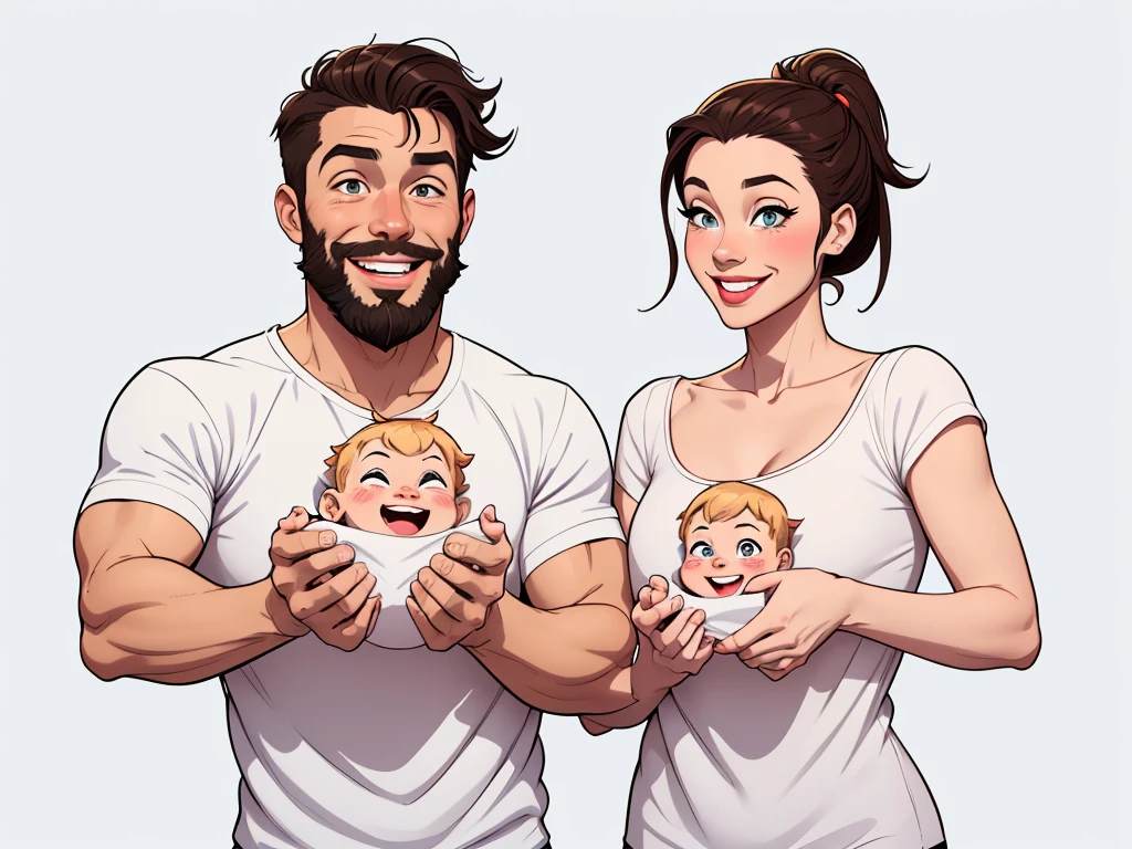 Happy couple of man with beard in his 30s and woman with beautiful smile cartoon style digital illustration white background with a son and a daughter