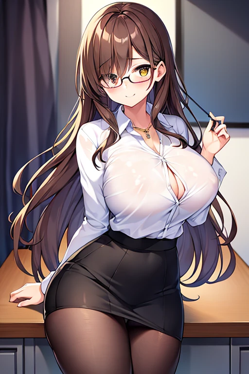 1girl, large breasts, thick thighs, brown hair, light brown hair, wavy hair, long hair, one eye covered, ((one eye covered)), hair over one eye, classroom, smile, pencil skirt, skirt, mature female, necklace, white shirt, shirt, pantyhose, teacher, glasses, red glasses, cleavage, hourglass figure, yellow eyes, ((nipple slip)), nipple slip, nipples,