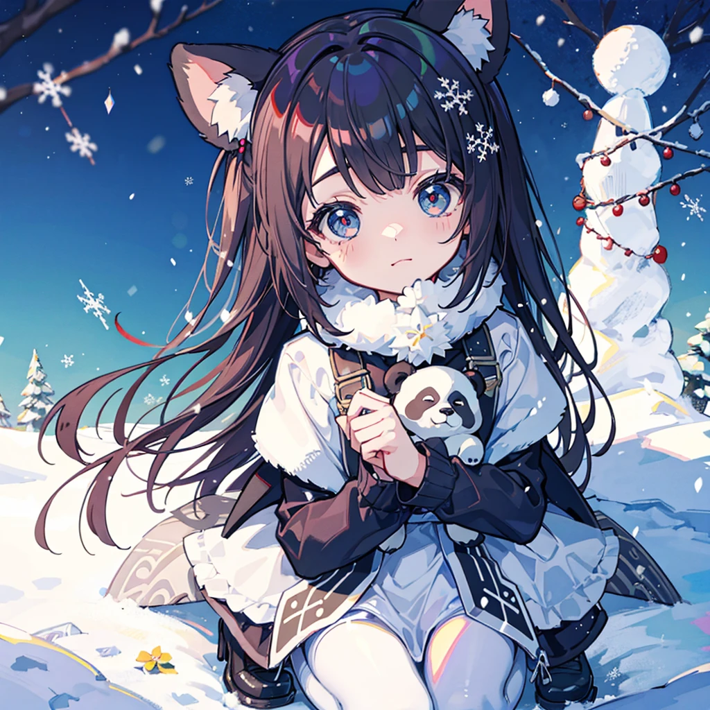 miniature garden Panda Ears Girl Snow background snow country Snowflake
