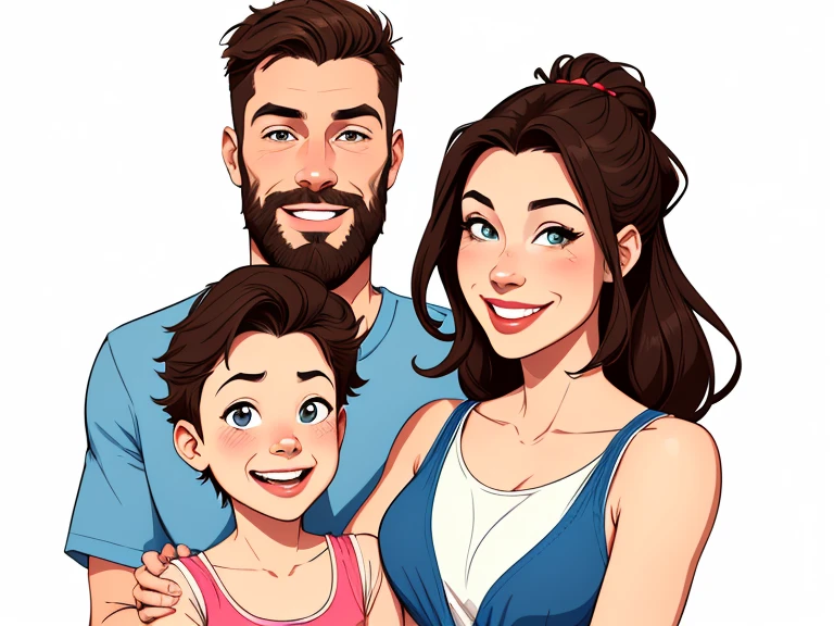 Happy couple of man with beard in his 30s and woman with beautiful smile cartoon style digital illustration white background with a son and a daughter