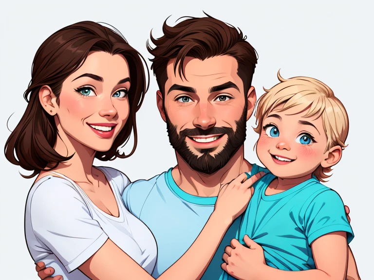 Happy couple of man with beard in his 30s and woman with beautiful smile cartoon style digital illustration white background with a son and a daughter 