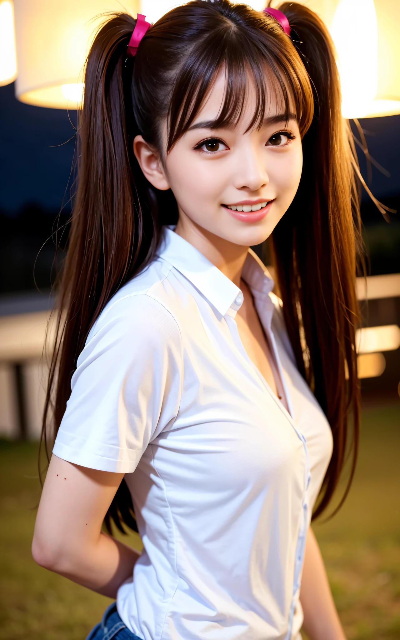 highest quality, figure, Ultra-detailed, finely, High resolution, 8K Wallpaper, 完璧なダイナミックな構figure, Beautiful Skin, (Big Eyes), 20 year old beautiful girl, Natural color lip, (Sexy pose), Mid chest, smile, Highly detailed face and skin texture, Detailed eyes, Double eyelid,leaking teeth and laughing, close-up, from behind, Brown hair twin tails, (White shirt:1.2), Night view