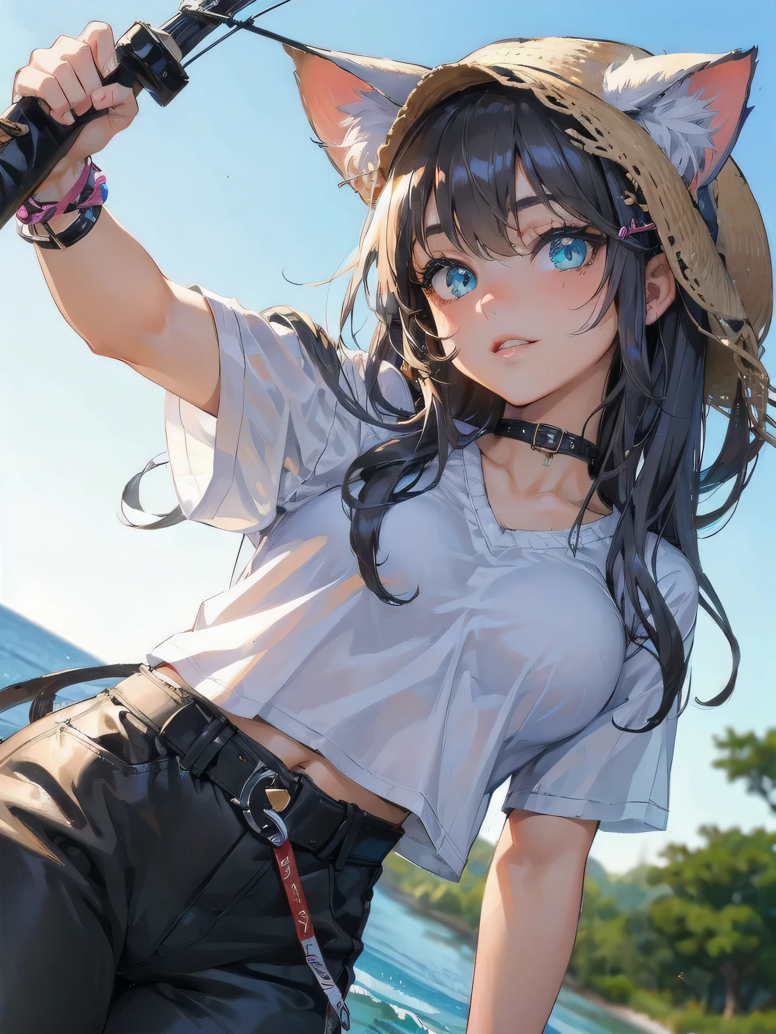 high quality,hd,16k,sharp line,1girl,fantasy,fem
ale cat ears,cat tail,go fishing,beautiful hair ,cute face, large breasts ,nice legs,,focus girl,detailed beautiful face,detailed clothes,beautiful eyes,sexy,dynamic angle