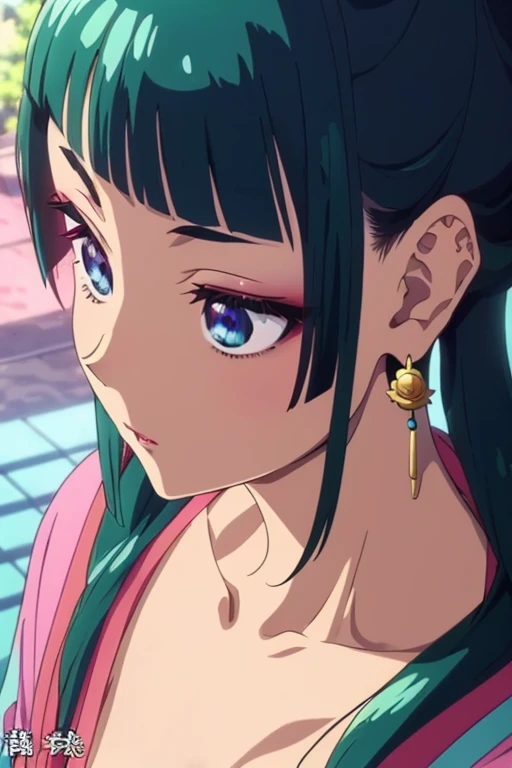 Maomao,Dark green hair,Blue eyes,Hair Ornament, Hair bun, earrings,earrings,Gold Necklace、red eye shadow((Highly realistic shading, masutepiece, Extremely detailed, Photorealistic))