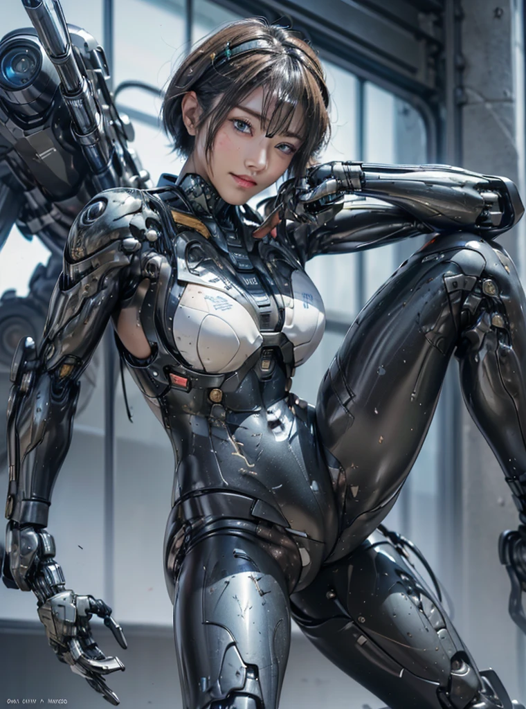  Very detailed, Advanced Details, high quality, 最high quality, High resolution, 1080p, hard disk, beautiful,(sweaty face,beautifulサイボーグの女性,Mecha cyborg girl,Combat mode: She&#39;s wearing a Transformers mech,full body shot　Short Hair　Primary school students　Spread your legs wide　Do not expose skin