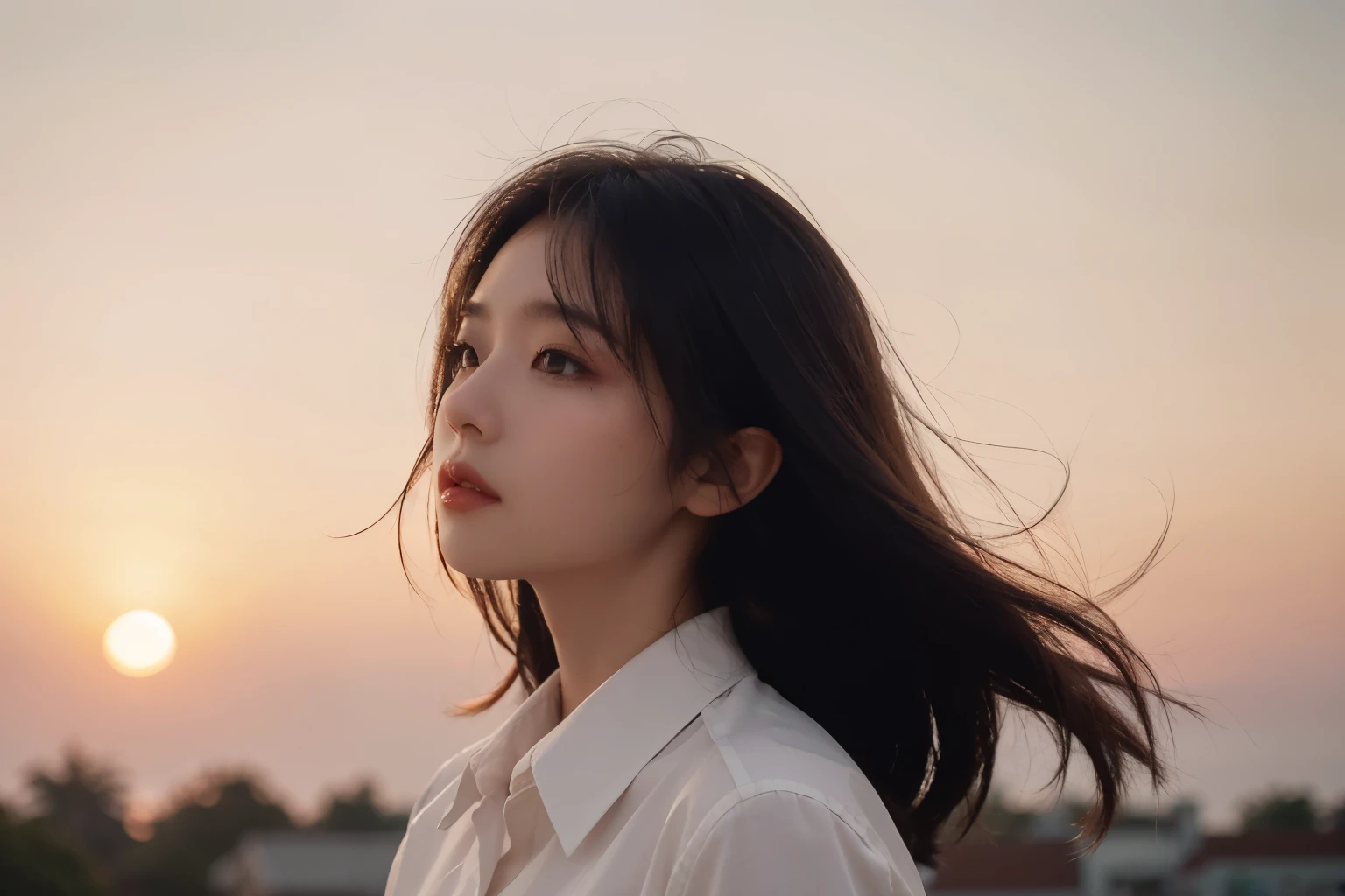 From the side, Golden Hour, Beautiful sky, soft cinematic light, Side light, 1 girl, (Floating Medium Hair), White collared shirt, masterpiece, highest quality, RAW Photos, sigma 50mm f1.4, Candid