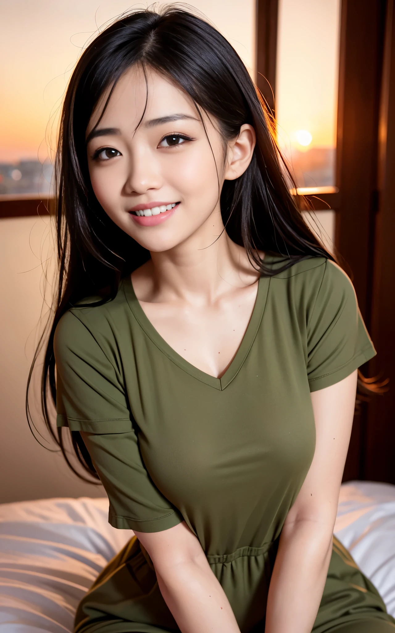 highest quality, figure, Ultra-detailed, finely, High resolution, 8K Wallpaper, 完璧なダイナミックな構figure, Beautiful Skin, (Big Eyes), 20 year old beautiful girl, Natural color lip, (Sexy pose), Mid chest, smile, Highly detailed face and skin texture, Detailed eyes, Double eyelid,leaking teeth and laughing, close-up, Long black hair, (Khaki dress:1.2), Sunset