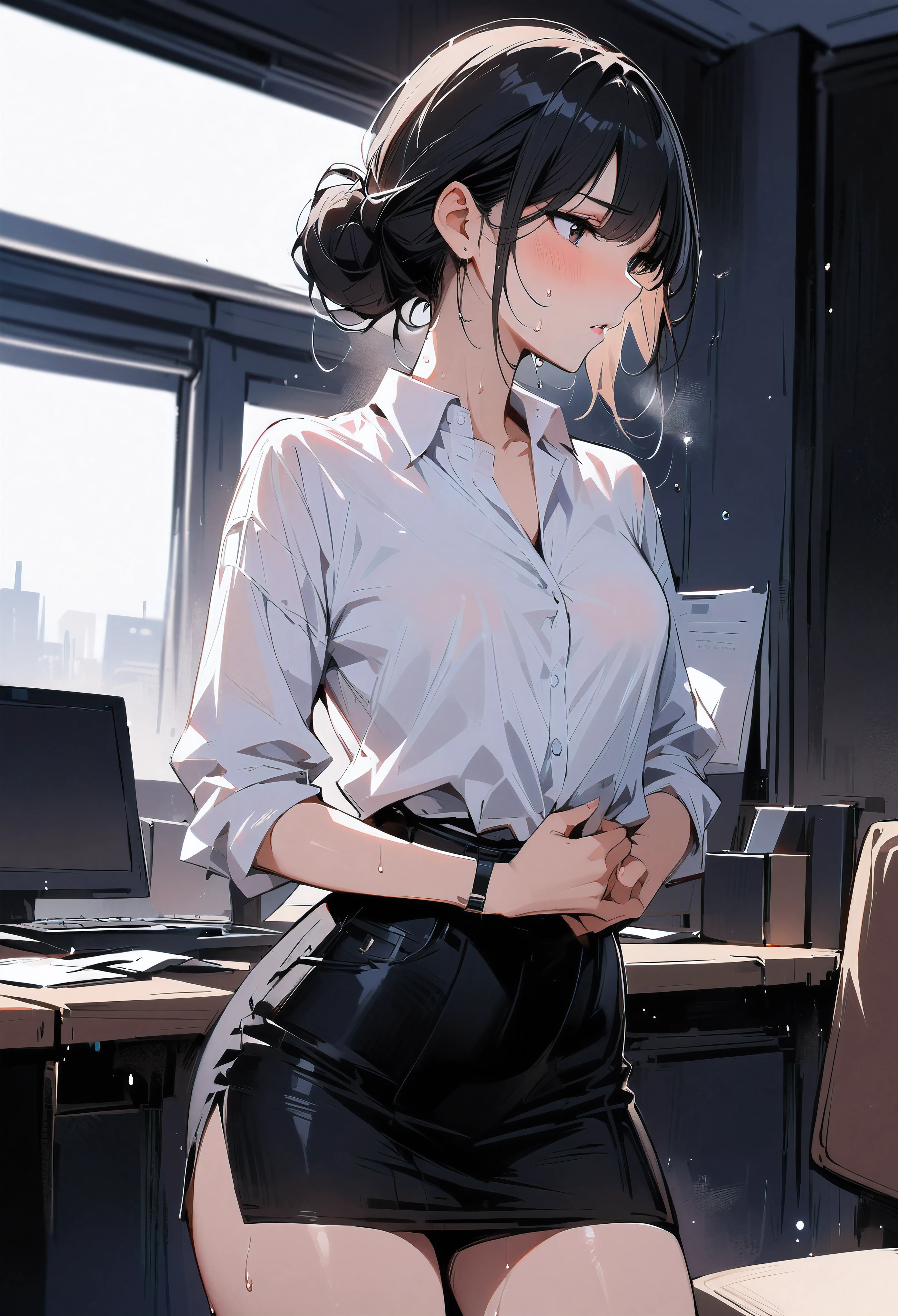 (masterpiece, best quality:1.2), 1 girl, alone , sexy , (office_black_skirt), (oxford_shirts:1.2),(office look female) ,cowboy shot, black hair ,hair bun, (Sweat), (office_background)