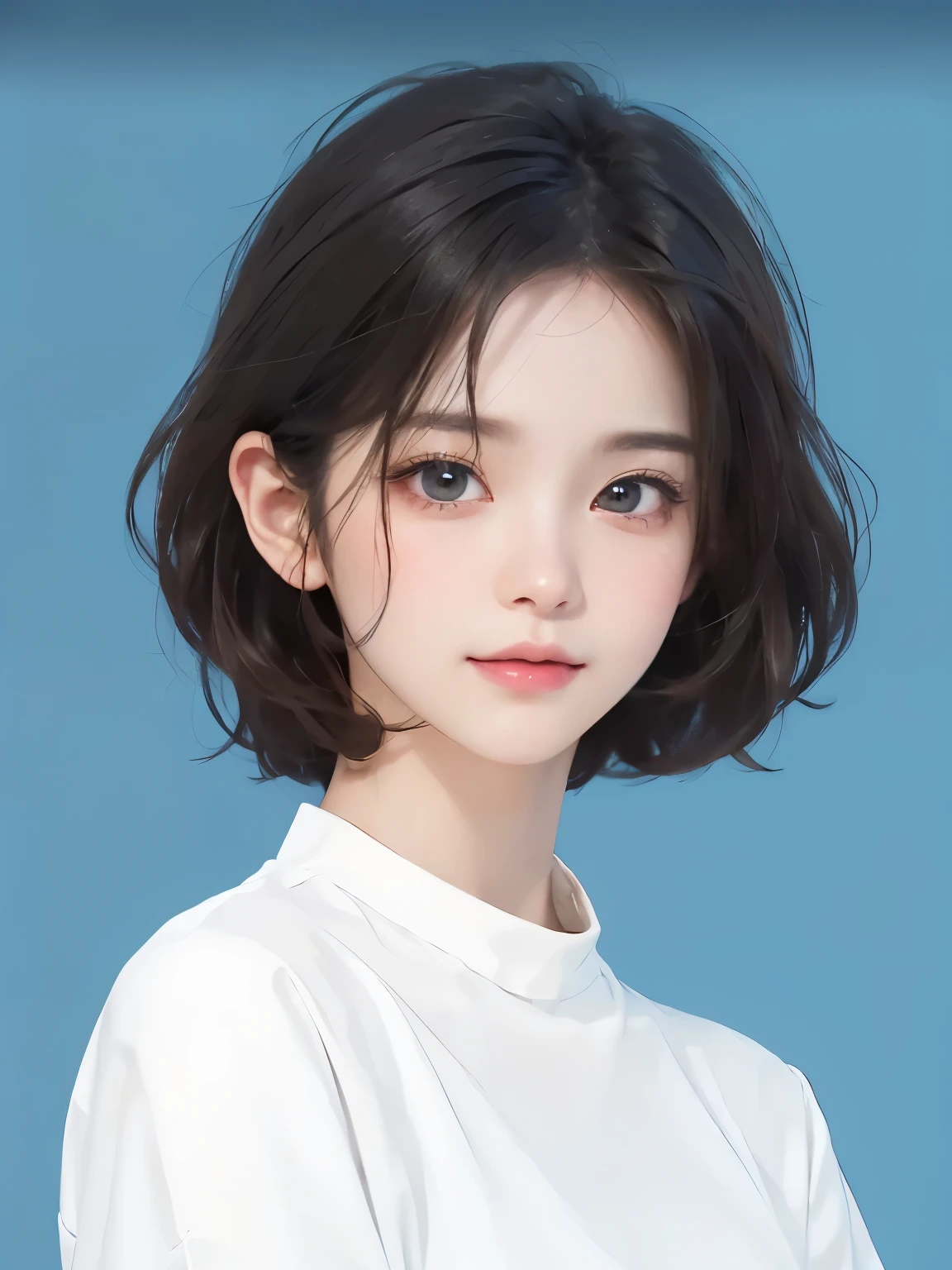 A man in a white shirt、Close-up of a woman with a blue background, Beautiful anime portrait, portrait cute fine face, Realistic cute girl, Kawaii realistic portrait, Stunning anime face portraits, anime style portrait, short hair, Cute anime girl portrait, Realistic young anime girl, Girl Cute - Delicate Face, Lovely portrait, inspired by Yanjun Cheng