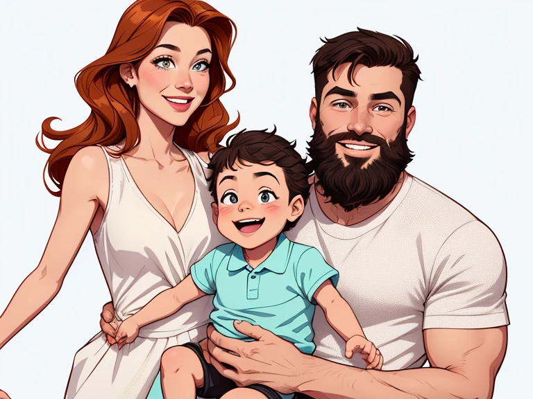 Happy couple of man with beard in his 30s and woman with beautiful smile cartoon style digital illustration white background with a son and a daughter