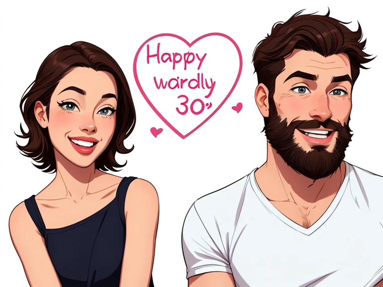 Happy couple of man with beard in his 30s and woman with beautiful smile cartoon style digital illustration white background with a son and a daughter 