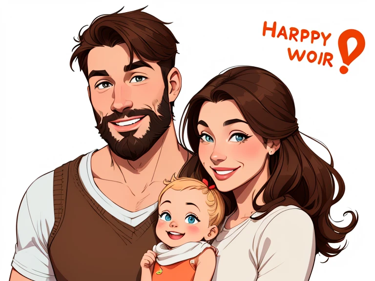 Happy couple of man with beard in his 30s and woman with beautiful smile cartoon style digital illustration white background with a son and a daughter