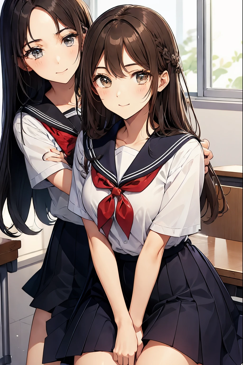 School classroom、A brown-haired high school girl is hugging a seated black-haired high school girl from behind、seductive smile、