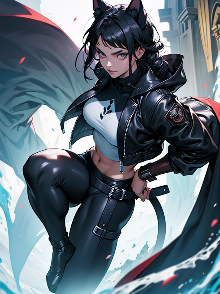 beautiful young female warrior fighter with cat ears on her head, com rosto bem detalhado e bonito, belos olhos, belos olhos, rosto lindo, beautiful young woman wearing long black leggings with black details, mini saia curta, usando jaqueta de couro preta, standing in a castle, usando bota preta, cabelo comprido com franja preto, ,orelhas de gato, belo sorriso, tomboy, um pouco musculosa,suter branco com cinta em volta, olhar serio,usando jaqueta de couro preto, com ombreiras de prata nos ombros, leather jacket