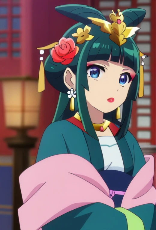 1girl, maomao, solo, green hair, long hair, blue eyes, BREAK
majestic hairstyle, blunt bangs, big hair flower, hair flower, red rose, sidelocks, long sidelocks, hair ornament, flower, golden hair ornament, half updo, BREAK
majestic dress, dark green hanfu, chinese clothes, sleeves past fingers, very wide sleeves, red hanfu, pink shawl, BREAK
gold necklace, earrings, gold earrings, makeup, lipstick, pink eyeliner, BREAK
upper body, open mouth, hands in opposite sleeves, BREAK
indoors, blurry background, BREAK
score_9, score_8_up, score_7_up, score_6_up, score_5_up, score_4_up, anime