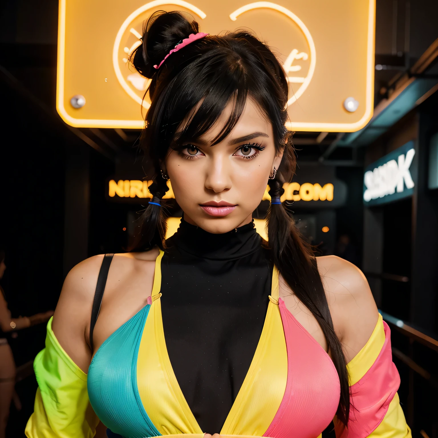 A beautiful hyperreal woman who represents Sailor Moon. Black hair, very big breasts, giant butt, tiny waist. Her face has Japanese anime features. Pigtails: she has long black hair that reaches approximately the middle of his back. Her distinctive hairstyle consists of two high, voluminous pigtails that extend up and out from the top of her head. Bows: At the base of each ponytail, she wears a large bow that keeps her hair in place. Bangs: She has short, blunt bangs that frame her face and curve to the sides. She wears a daring and provocative ensemble that challenges traditional notions of modesty and religious attire. The dress is crafted from sleek and form-fitting neoprene fabric, giving it a modern and edgy silhouette. The color palette is a striking contrast of neon hues, with vibrant shades of electric pink, lime green, and bright orange dominating the design. These bold colors are juxtaposed against stark white panels, creating a visually arresting look that demands attention. The dress features unconventional cutouts and asymmetrical details, revealing flashes of skin in unexpected places. Neon piping and stitching add to the avant-garde aesthetic, highlighting the contours of the garment and adding a touch of futuristic flair. She wears statement accessories that add to the irreverent and boundary-pushing vibe. A neon halo headpiece sits atop her head, adorned with glowing LED lights that cast an ethereal glow around her. Chunky neon bracelets and oversized crucifix earrings add to the subversive aesthetic. For makeup, she opts for a bold and dramatic look, with eyes adorned in neon eyeshadow and graphic eyeliner. Her lips are painted a vibrant shade of electric blue or neon purple, adding a pop of color to her visage. This outfit is meant to be worn in a bold and avant-garde setting, such as a high-fashion runway show or a cutting-edge art installation. It challenges societal norms and expectations.