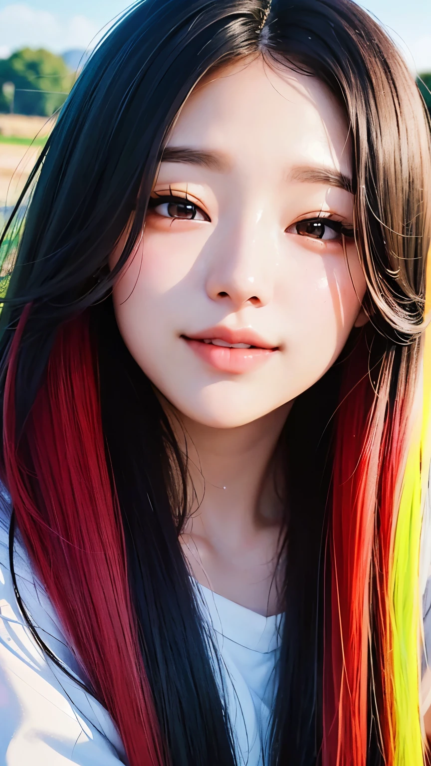 Black Hair, Long eyelashes, 淡淡的Smile, ivory, Horizontal hair, multicoloRed hair, Colored undercoat, Red hair, hairpin, Moles under the eyes, Incompatible students, Empty eyes, Empty eyes, Dilated pupils, Heart-shaped pupil, Smile, shadow, Relief, Depth of Field, Motion Blur, brightness, color field painting, anime style, 8k, Super Detail, best quality, Ultra HD, 8k