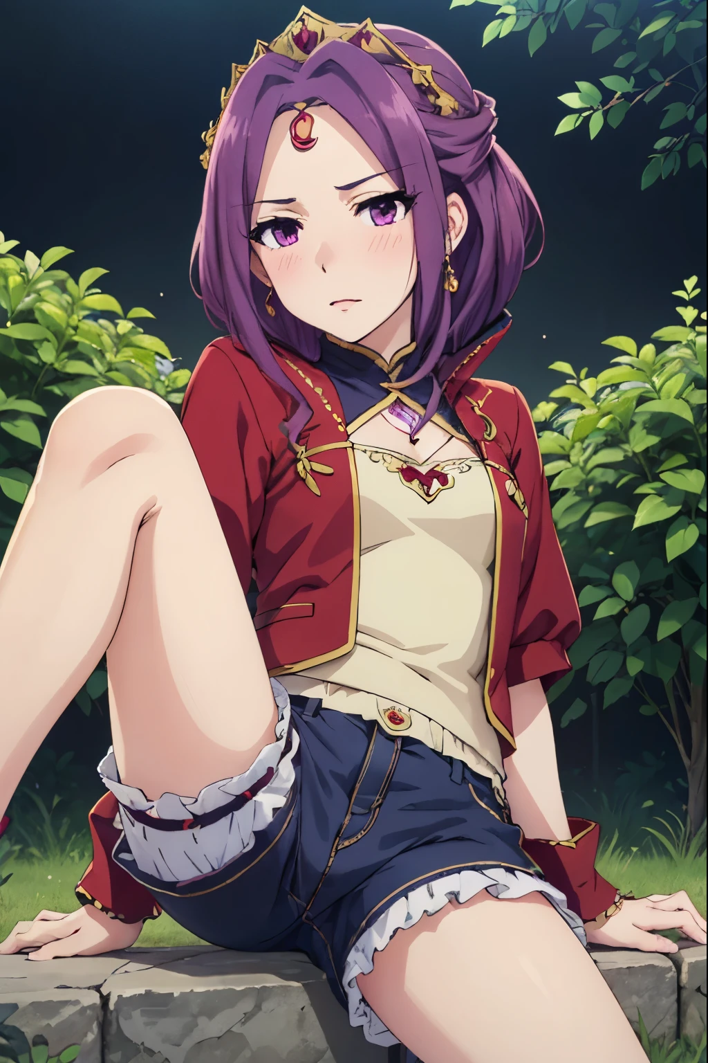 riMirelliacMelromark, Mireria Q. Melromarc, Purple Hair, (Purple eyes:1.1),blush、garden、Shorts, jewelry, Otome、Shynesasterpiece:1.2), highest quality, High resolution, unity 8k wallpaper, (figure:0.8), (Beautiful fine details:1.6), Highly detailed face, Perfect lighting, Highly detailed CG, (Perfect hands, Perfect Anatomy),kick、I'm raising my legs、Spread your legs、Bloomers、Skort、Jersey