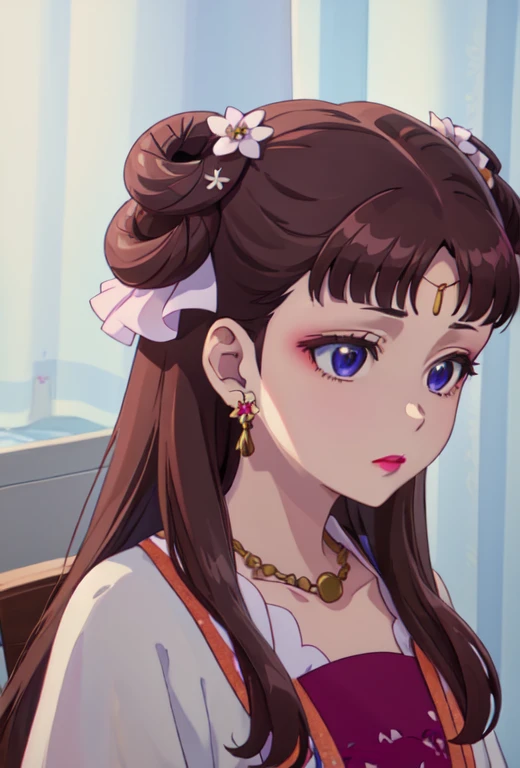 best quality, masterpiece, highres, solo, (lishu_theapothecarydiaries:1.10), 1girl, necklace, flower, makeup, double bun, anime_style, 1 