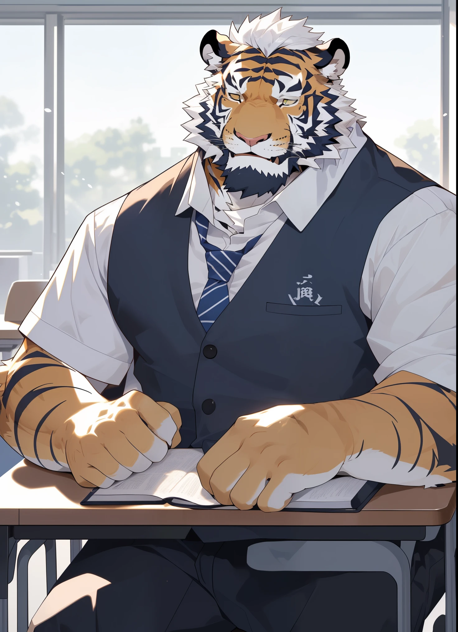 furry character，A very tall and strong tiger，His fur is white，He is a high school student，He's wearing a school uniform，He is listening to a lecture in the classroom，His hands were resting on the desk and supporting his head，He has a sunny and cheerful appearance，(black eyes:1.5)，by null-ghost，by lindong