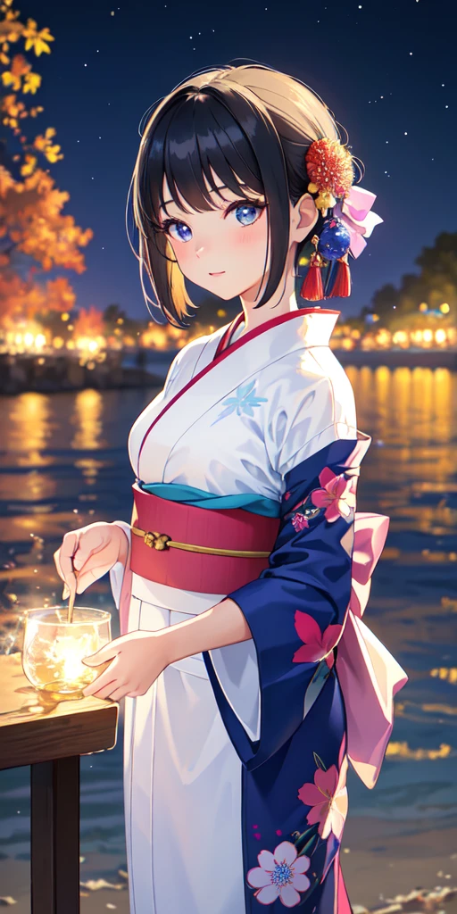 "Young girl in a yukata, with shining eyes and flawless complexion, alone in a vibrant scene of fireworks. (Masterpiece, best quality, super high-definition, high resolution), ultra-detailed portrayal of a -yeld gi capturing the essence of youth and innocence. The theme of the artwork is centered around the color blue, creating a serene and captivating atmosphere. The girl's eyes are the focal point, radiating a sense of charm and beauty. The fireworks in the background illuminate the night sky, adding a dynamic and magical element to the composition."