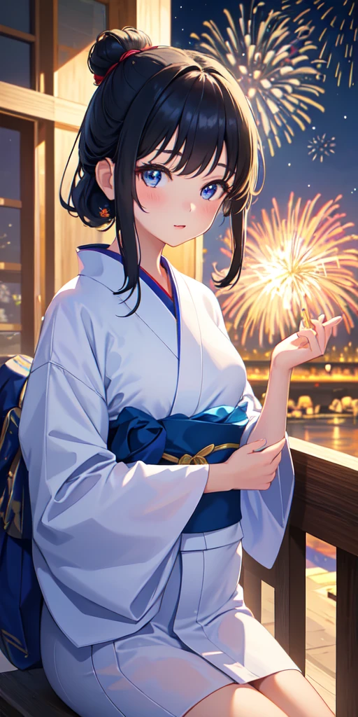 "Young girl in a yukata, with shining eyes and flawless complexion, alone in a vibrant scene of fireworks. (Masterpiece, best quality, super high-definition, high resolution), ultra-detailed portrayal of a -yeld gi capturing the essence of youth and innocence. The theme of the artwork is centered around the color blue, creating a serene and captivating atmosphere. The girl's eyes are the focal point, radiating a sense of charm and beauty. The fireworks in the background illuminate the night sky, adding a dynamic and magical element to the composition."