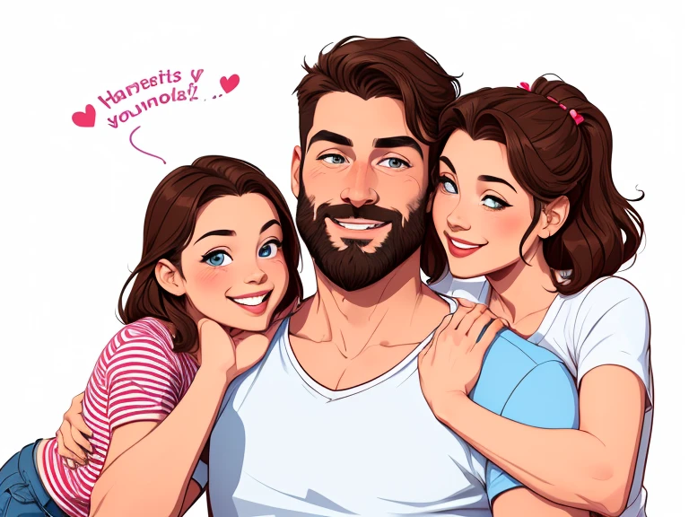 Happy couple of man with beard in his 30s and woman with beautiful smile cartoon style digital illustration white background with a son and a daughter