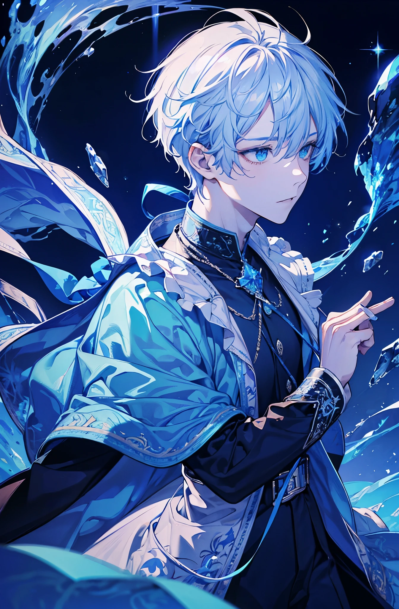magician, One male good looking(Loose dress: 1.5), (Perfect Face: 1.4), (Blue silk robe), (Mysterious Magic Circle: 1.2), ((Ice Dragon)), ung man, Short white hair (Ice crystal scales), Cyan Light, (Frostwing), Powerful Ice Magic, Icicles, Towering in the clouds, Blue cold light, Ice storm, cold wind, Flying Ice and Snow, Amazing effect, highest quality, masterpiece, 超High resolution, The finer details, Intricate details, 8k resolution, 8KUKG wallpapers, High resolution, Aqua blue, Magic array, Cinema Lighting, Chiaroscuro, Ice attribute level 5 ice explosion, Shocked monsters scream loudly.
As if it were going to explode, An ice ball flew out of my hand、Swallowed Trevion's magic
