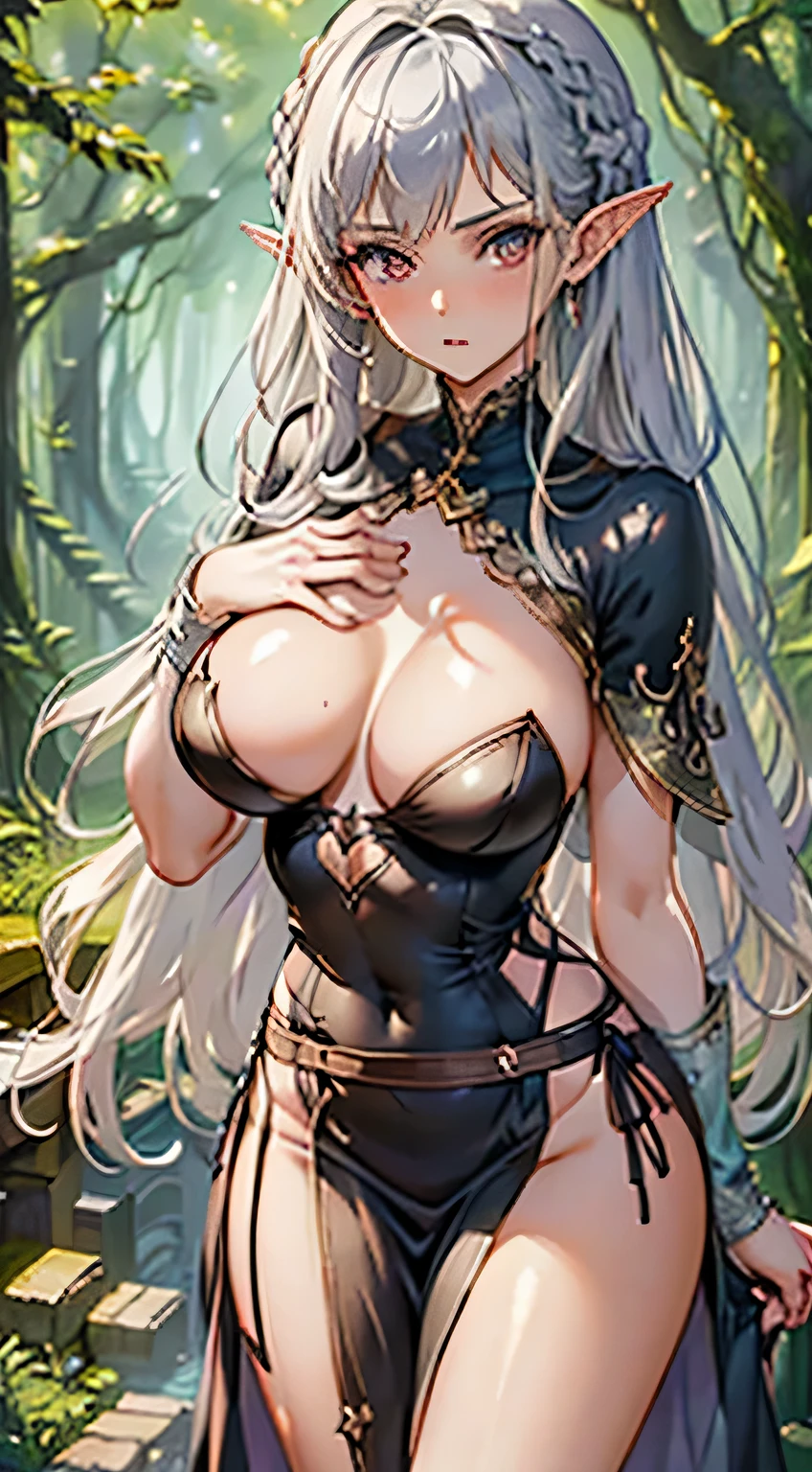 ((Place your hand on your chest)), ((surprised)), ((look down)), (Blushing), One girl, Fairy, Silver Hair, Red eyes, Braided hair, Bobcut, fantasy costume, Wizard, Frills, Robe, Long skirt, tights, Black Cape, Kneel, Slender girl, , indoor, Rub your own breasts, Hunchback, Concept Art, Beautiful anime scene, Beautiful anime scenery, highest quality, 4K