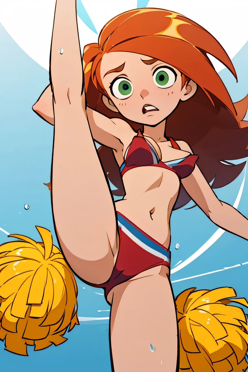 Kim possible, long ginger hair, green eyes, red bikini, detailed nipples, detailed vagina, slim body, thin legs, ((highest quality)), ((masterpiece)), (be familiar with), perfect face, 、Cheerleader、raise one leg high、((wet body, wet hair ))There are many spectators、painful expression、string, perfect anatomy, one leg up,