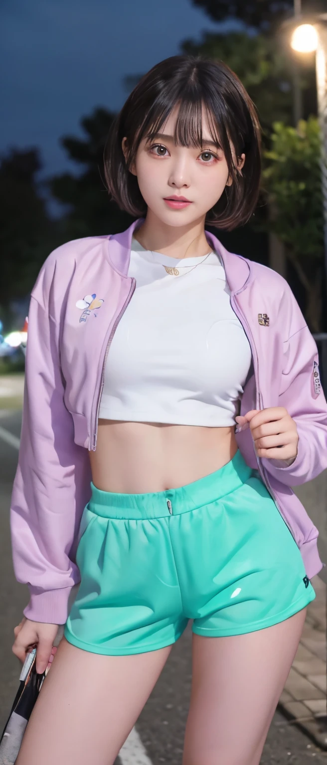 Sporty idol girl、whole body、Good style、、、、purple track jacket、Glowing fluorescent yellow tight shorts、、short hair、、、、Night Truck