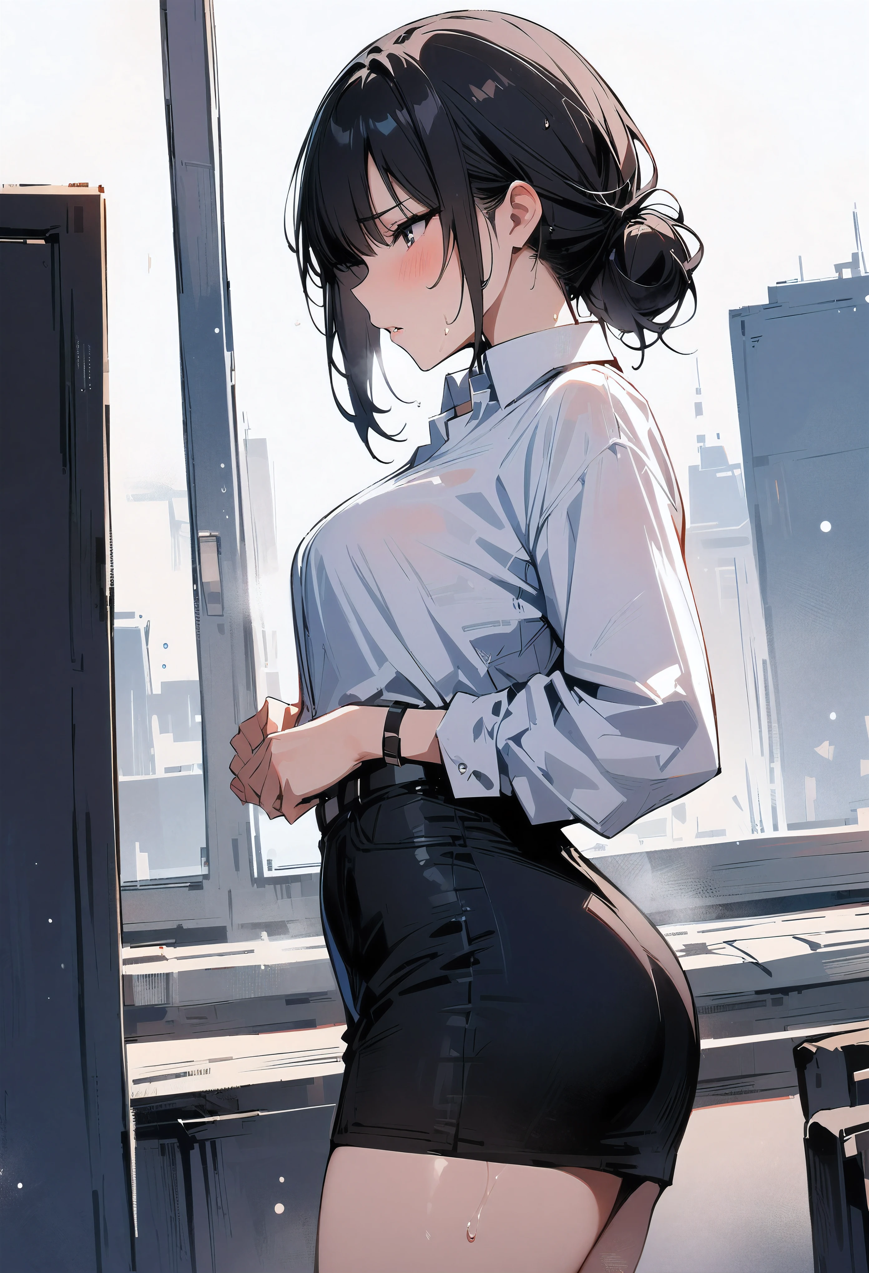 knit、mini skirt、beautiful mature woman、ponytail、buttocks emphasis