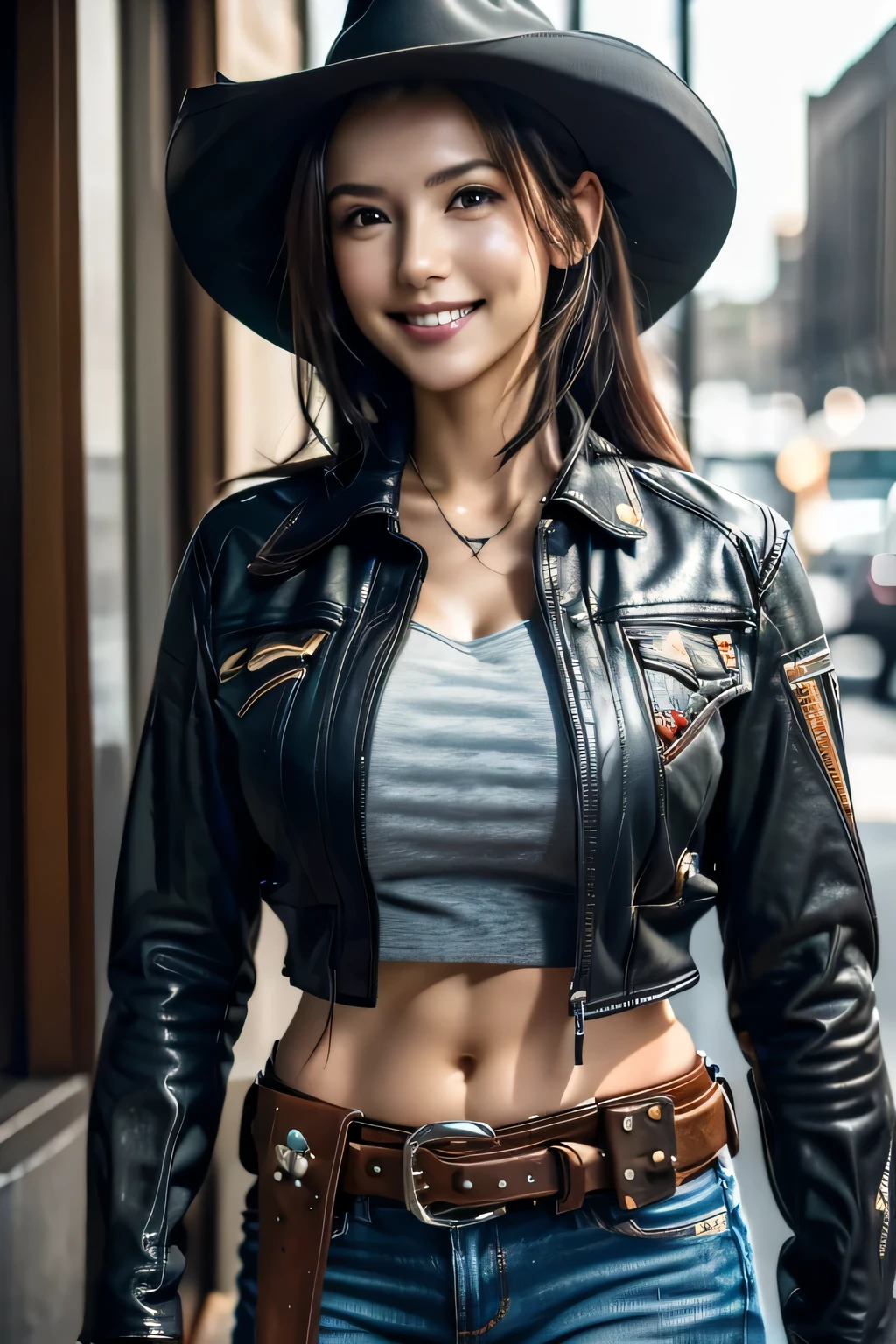 Wild West cityscape,wasteland,gunslinger costume,Short leather jacket with front opening,A ripped and tattered white shirt,Ripped and tattered distressed jeans,(Put the gun belt around your waist:1.3),(Gun Holster:1.3),Equipped with a Winchester M73 rifle on his chest,Cowboy hat,(Generate images of globally beautiful women,Especially while reflecting elements of Western beauty,A woman with a natural smile and attractive facial expression,Clear Skin,Eyes sparkling,Expresses an elegant atmosphere,bloom,sunlight ,Cinema Lighting,(Realistic, Photorealistic),(8k quality,Anatomically correct facial structure,),(Sea Art 2.0 mode:1.3),(Image Mode Ultra HD,)