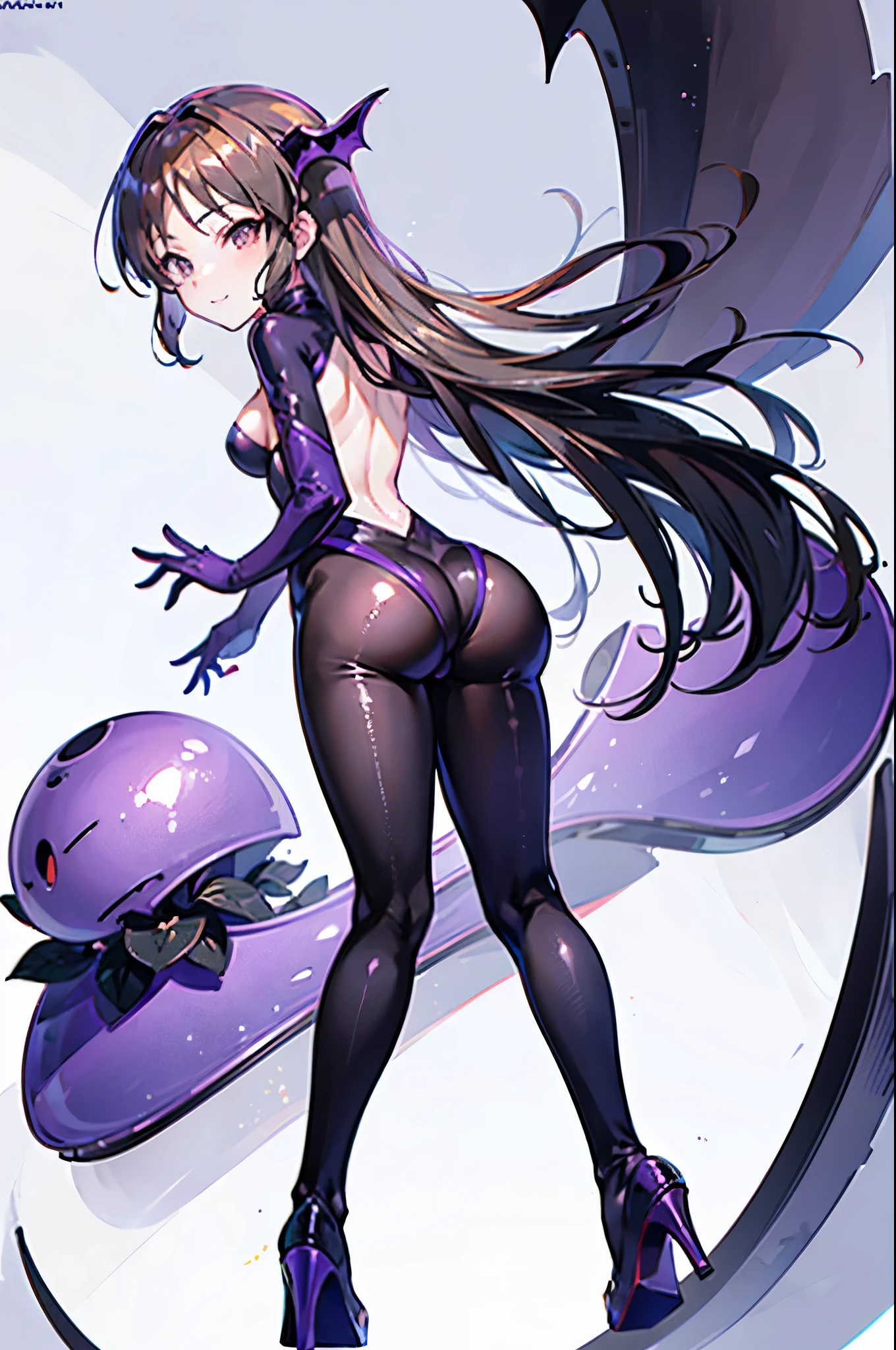 highest quality Highest quality draw the face carefully Anime style high quality face super shiny skin black full body suit purple hose High heels Succubus lure smile Rear view Back view