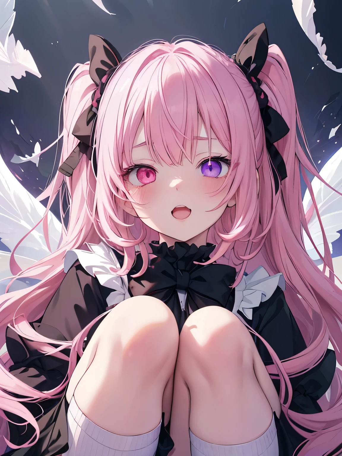 masutepiece, Highest Quality, (Perfect face:1.1), (high detailing:1.1), (ultradetailed eyes), Dramatic, superfine illustration, Extremely detailed,1girl in, ager,(pale skin), Happy, Laugh, Enjoy,Open mouth,gloweyes,pinkhair,Ethereal eyes,Simple eyes,empty eyes,pink eye,blush,Solo,Pouty lips,Cinematic lighting, upper body,looking up,Long sleeve,Gothic lolifrilld, bow ribbon,knee high socks, (heterochromia,PINK eyes, Purple eyes)