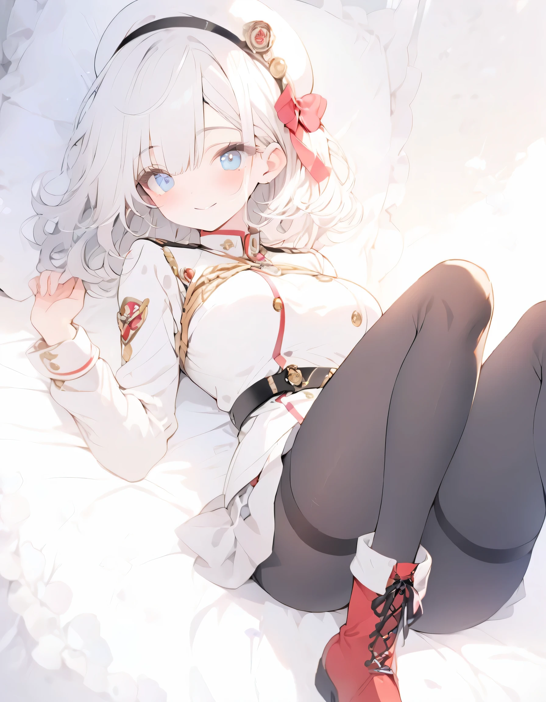 highest quality)), ((masterpiece)),Perfect Face((highest quality))cute,beautiful girl,Pure white hair,bangs,Medium Hair、blue eyes.Alone,smile,Cute, Short Hair、Beautiful eyes,Healthy Body、Beautiful breasts、8K、wallpaper、belt、White military uniform、mini skirt、beret、Chest Band、Rib Band、tights、boots、lie on bed