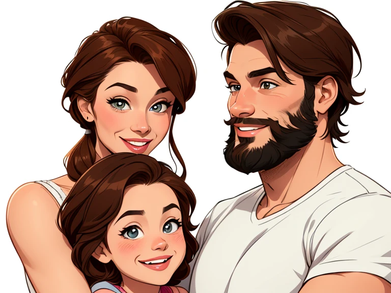 Happy couple of man with beard in his 30s and woman with beautiful smile cartoon style digital illustration white background with a son and a daughter 