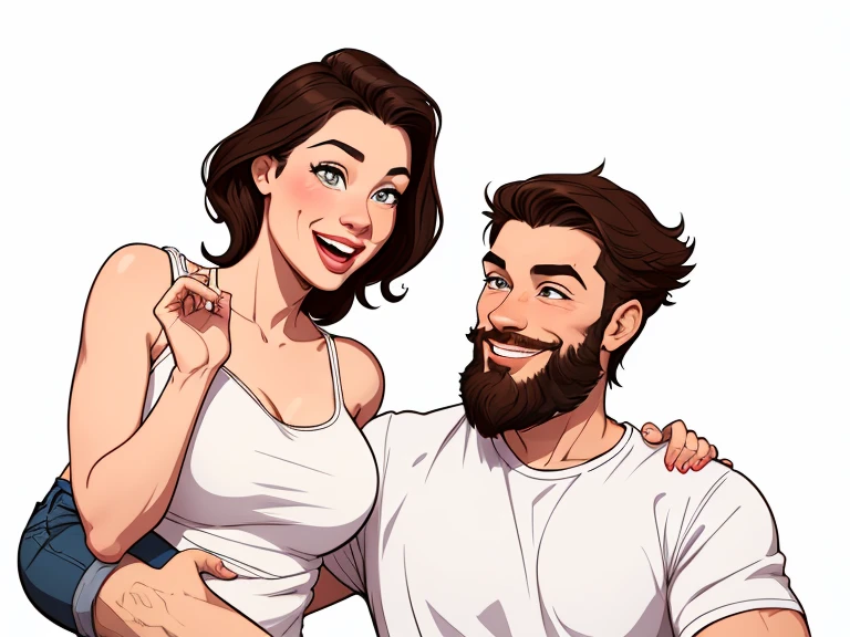 Happy couple of man with beard in his 30s and woman with beautiful smile cartoon style digital illustration white background with a son and a daughter 