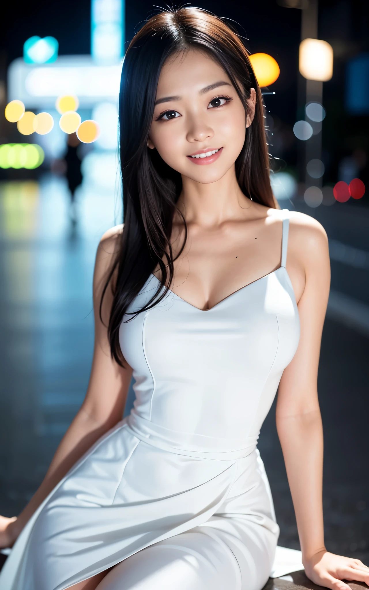 (highest quality,masterpiece:1.3,ultra high resolution),(Super detailed,caustics),(realistic:1.4,RAW shooting),(Vibrant color saturation),1 girl,20-year-old,flat bangs、smiling、Blurred background,lace dress、night view、light up、Princess-like, sexy, big breasts, safe for work