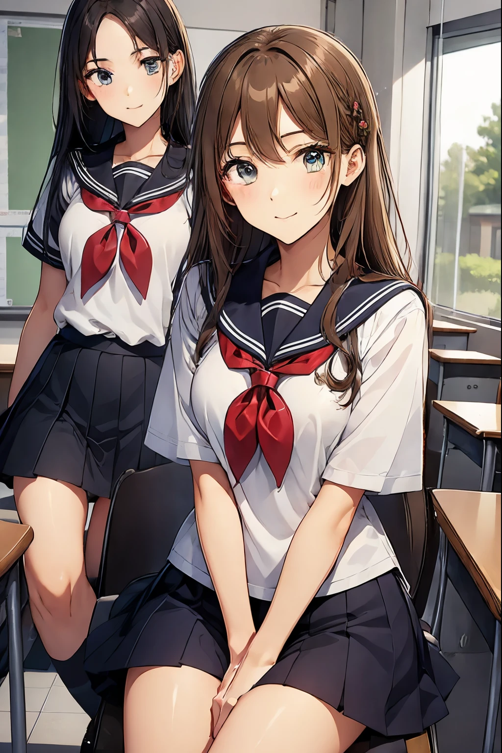 School classroom、A high school girl sitting and another high school girl hugging her from behind、seductive smile、