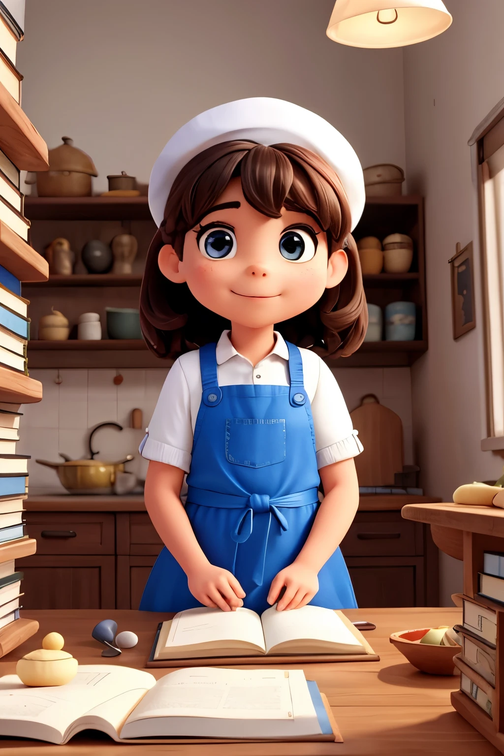 Four children, s e meninaking with an apron and chef's hat on his head, em uma cozinha em tons pasteis e clara, teto branco, com luz entrando pela janela, high ceiling height, muitas frutas e verduras coloridas e encantadoras. Put lots of history books on the shelves and books on the table. Estilo disney com olhos expressivo olhando para a camera