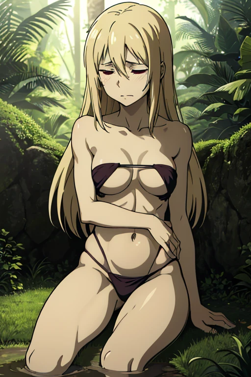 A tanned-skinned anime girl lies despondently on the ground, her hand cradling her abdomen in agony. Her fabric revealing the faint outlines of her ribs. Long sun-kissed locks cascade around her face, concealing it from view. Her despairing expression, etched with lines of hunger and suffering, speaks of a life devoid of sustenance. The sunlight filters through the foliage above, bathing her emaciated figure in a warm, golden glow that accentuates the definition of her bones. The bikini top clings to her body, leaving little to the imagination, she lying down on the forest floor with her eyes closed in immense pain and suffering from hunger
