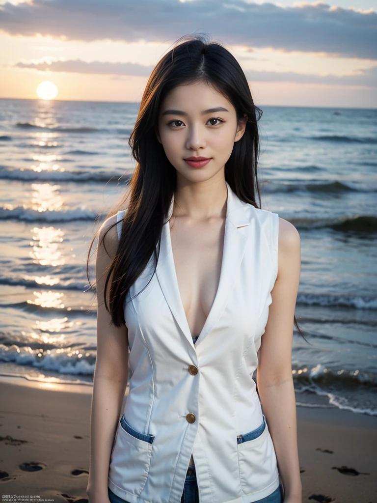 Best quality,Masterpiece,Ultra-high resolution,(Photorealistic:1.4),(1girll:1.3),exteriors,1 girl,full bodyesbian,ssmile，Gentility，Long hair,Open chest,schoolgirls,full bodyesbian,Open chest,vests, Silk vest, denim short, On the beach, Sunset