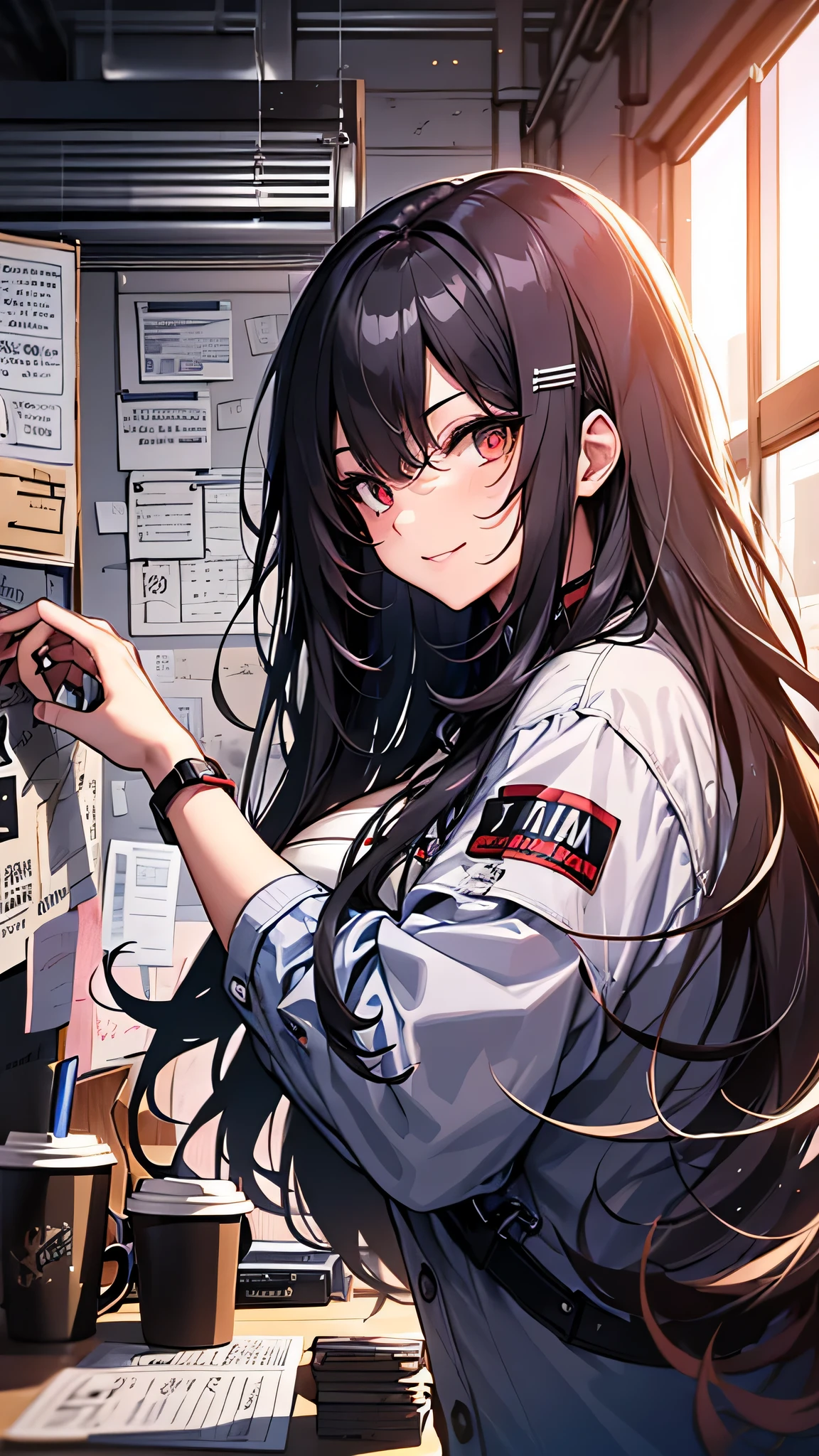 最high quality、Best image quality、masterpiece、girl((20-year-old、 By becoming、Best Bust、Medium Bust,Wide open breast tea、red glowing eyes, Black and red hair、Disheveled Hair、Long Hair、thin,The highest valley、White overshirt、Open chest、White wristband、smile、Leaning forward、hair ornaments、Side angle、Lointail、Brown skin)),high quality、Beautiful art、background((Modern Office、Coffee cup、line of light、Whiteboard、graffiti))、Flight、Flying debris、Written boundary depth、movie、Visual Arts、Perfect art、8K,Genuine、