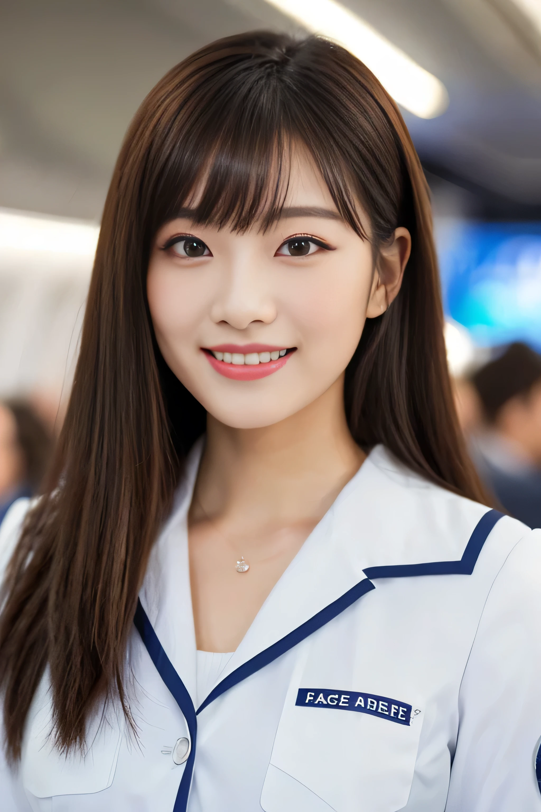 (Shooting from the waist up)　(Big Breasts)　((highest quality)), ((masterpiece)), (Get used to it)　Perfect beautiful face　(The most beautiful 24-year-old Japanese in Japan)　　(She stands tall in the aisle of the plane., To the audience, With perfect posture)　(This is the inside of an international flight.　Professional interior decoration)　((She turns to the viewer and gazes lovingly at　and、With a bright face and a smile))　(Cute princess cut bangs style., Blunt bangs)　　(Her hair is shoulder length、Very straight medium length chestnut hair)　(Professional flawless beautiful makeup)　The lipstick is thin red　Eyeliner is black　(Her hair is detailed and realistic., thin, Shiny,Beautiful luster　Lots of hair　And it&#39;s beautiful.)　((Rich 1.4))　8k　(Ultra-fine skin texture 1.4)　(Actual, Vibrant:1.4), double eyelid　Sharp focus:1.2、Beautiful woman:1.4　　The whole body is super beautiful々New skin texture　She's perfect, clear, Beautiful Skin, Typical healthy Japanese skin tone...　Beautiful shiny makeup　Typical Japanese body type　((Typical stewardess uniform))　(Actual photo)　