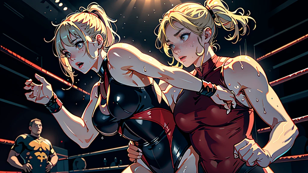 masterpiece, highest quality, (Highly detailed CG Unity 8k wallpaper), (highest quality), (Best illustrations), (Best Shadow), Confused, Realistic lighting, (abyss), Beautiful and delicate shine,victory,Random Pause,((Bare skin wet with sweat,Female professional wrestler)),Cute freckles on the cheeks,Mole under left eye,Cowboy Shot,Hair wet with sweat,A leotard-type wrestling costume with gorgeous decorations,pain,suffering,ring,Plump,Villain wrestler,A female wrestler with dyed blonde hair,game,Strangled,