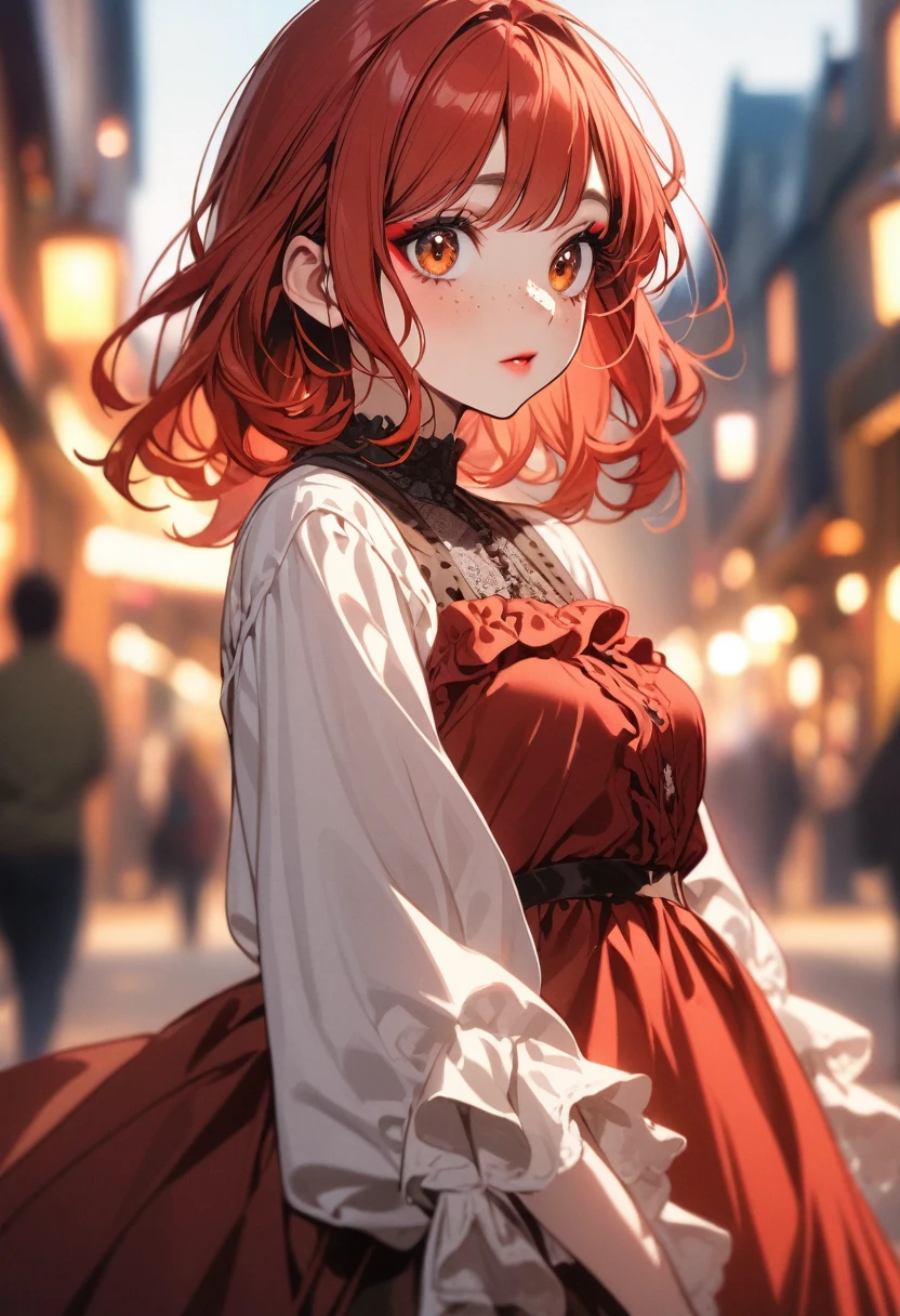 woman(red hair, freckles, big eyes, dress with frills, makeup), blurry background