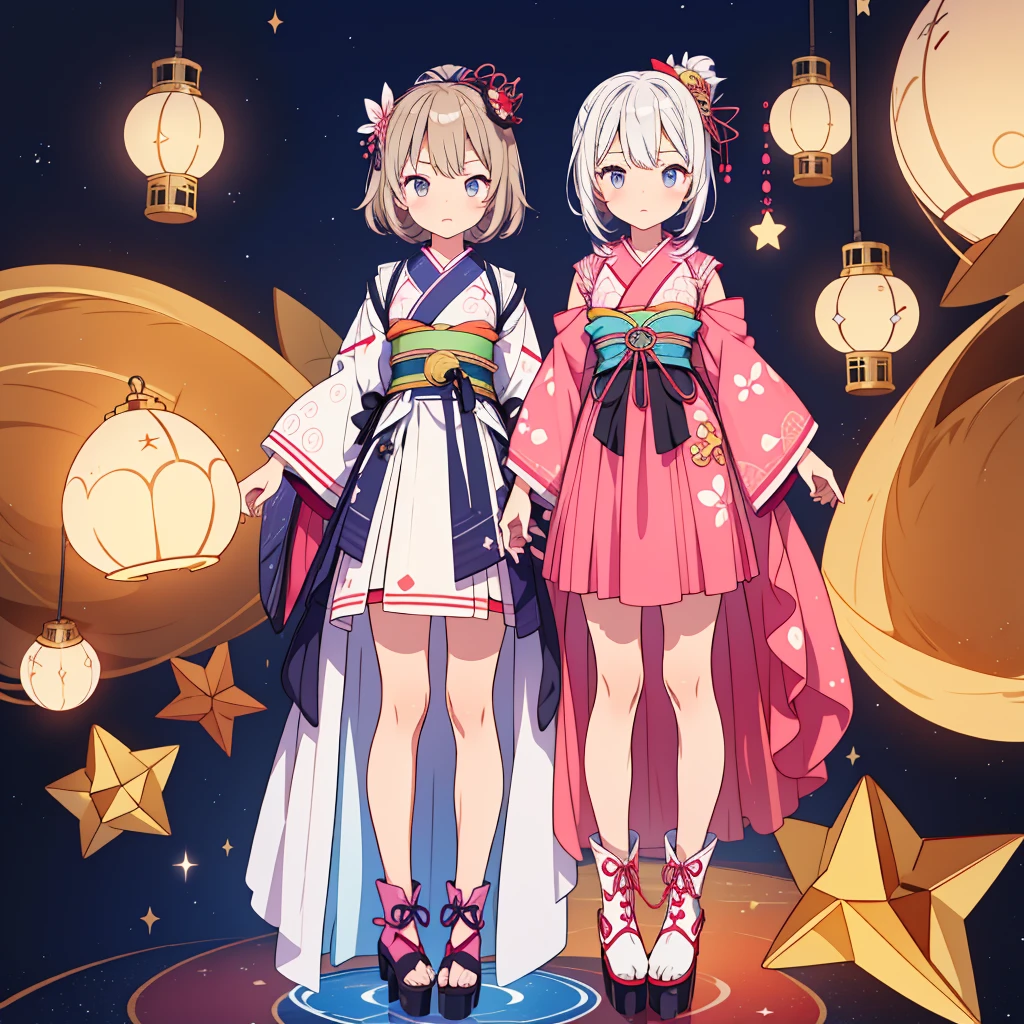 1girl、vtuber-fullbody、Star Fairy、Masterpiece、Official Art、Super detailed、super beautiful、かわいいStar Fairy、white straight short hair、Milky Way、universe、star charm、Star、Baby Face、Knee-high boots、Japanese pattern dress、A beautiful girl wearing black and white clothes that are a remake of a yukata.、universeを思わせるOiranフリルドレス、Oiran、Box Pleats Mini、